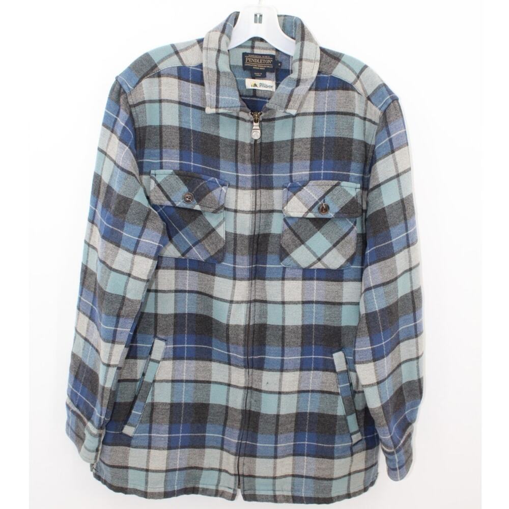 Pendleton Plaid Jacket Zip Blue Gray Flannel Mens Small